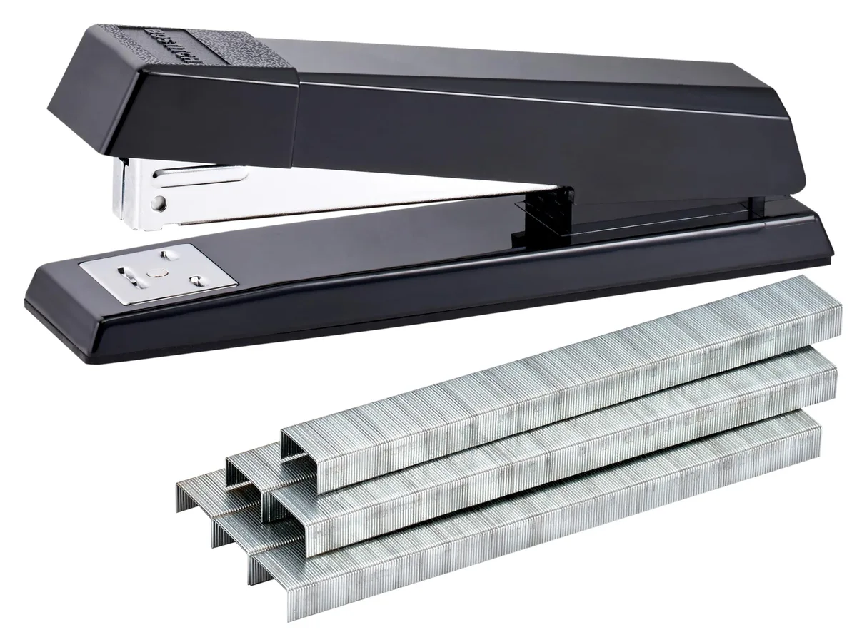 Black metal desktop stapler, manual operation, 6.8 by 1.9 inches, includes 1250 staples