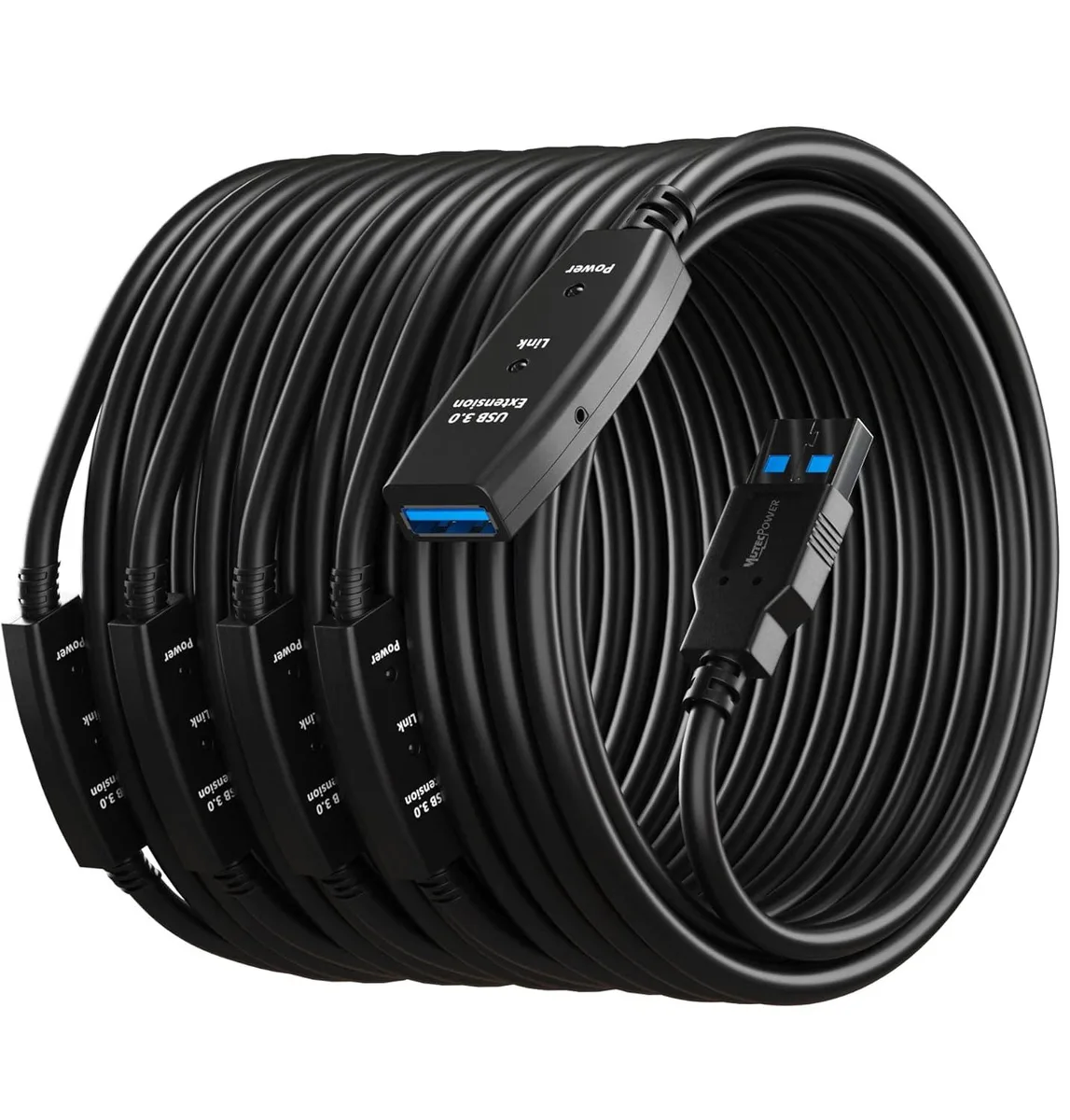 Black USB 3.0 active extension cable 100ft male to female with four signal boosters
