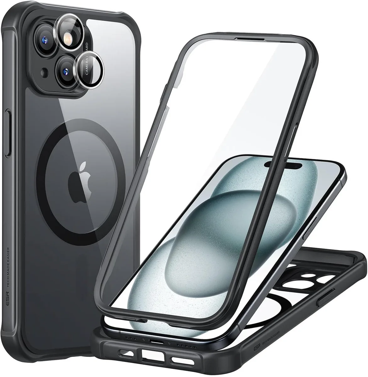 Clear black protective case for iPhone 15 with built-in screen protector