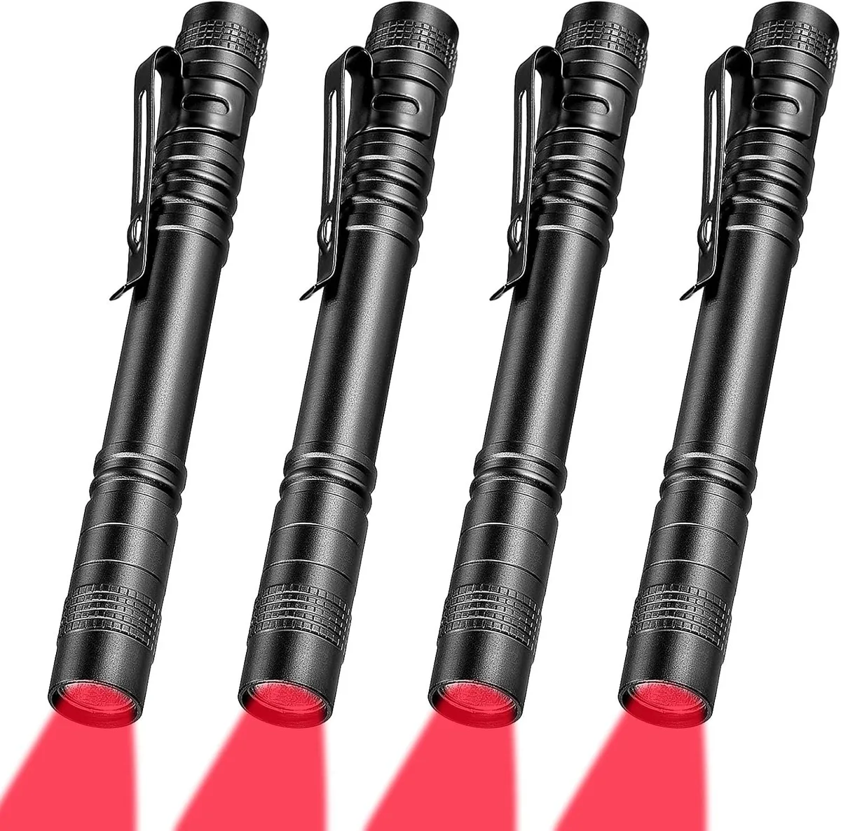 Four slim red penlights with silver ends, each about 13.3 cm long