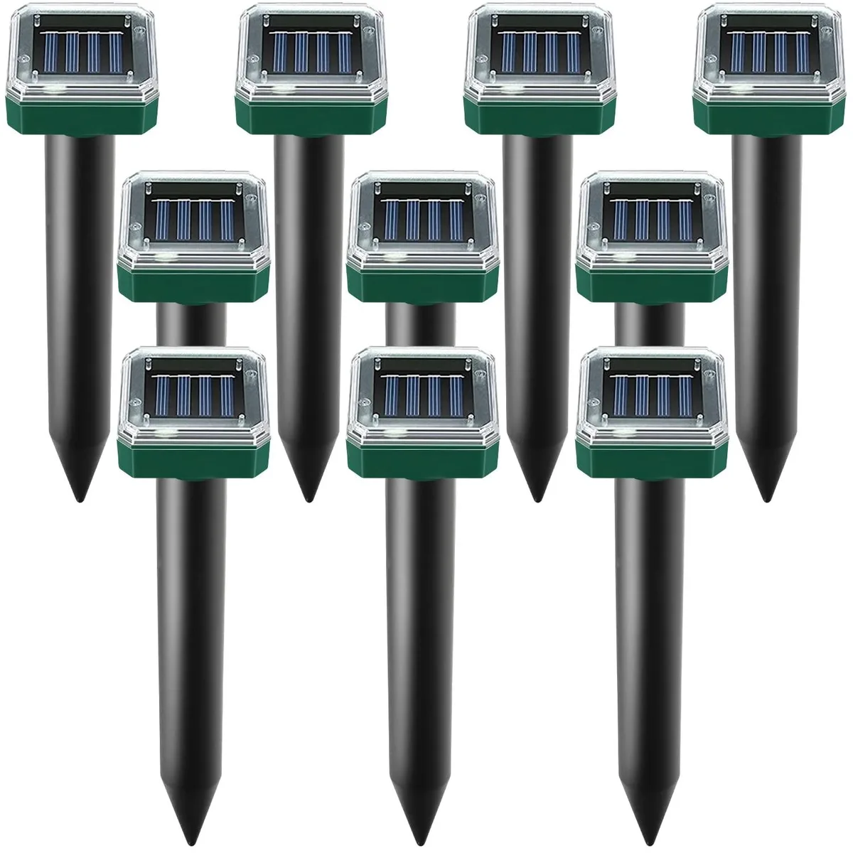 Ten solar ultrasonic pest spikes with dark caps and ground stakes