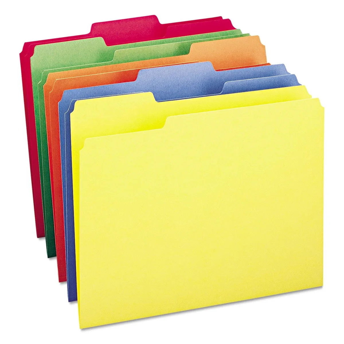 Box of 100 letter-size file folders in assorted primary colors with 1/3-cut tabs