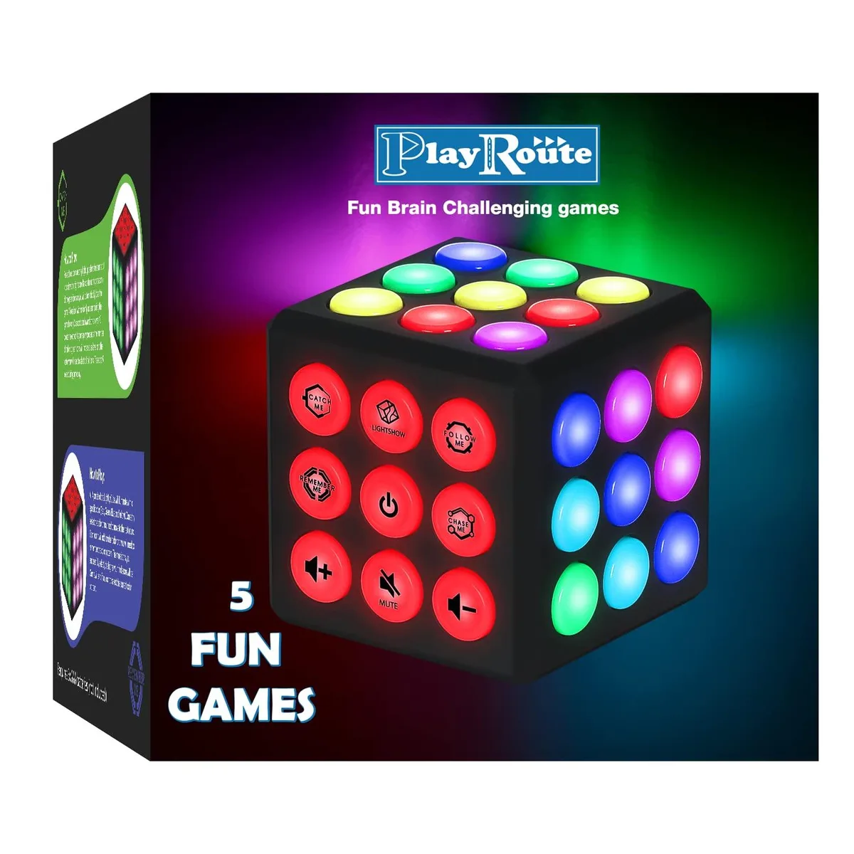 Black plastic handheld cube with light-up buttons 2.4 by 3.96 by 1.3 inches