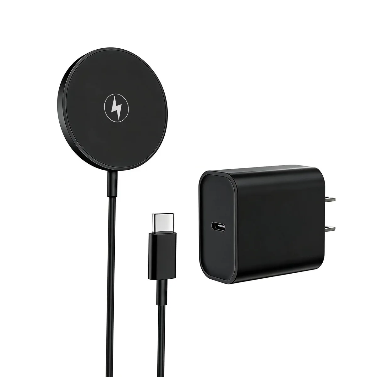 Black circular MagSafe wireless charging pad with 3ft cable and USB-C power adapter