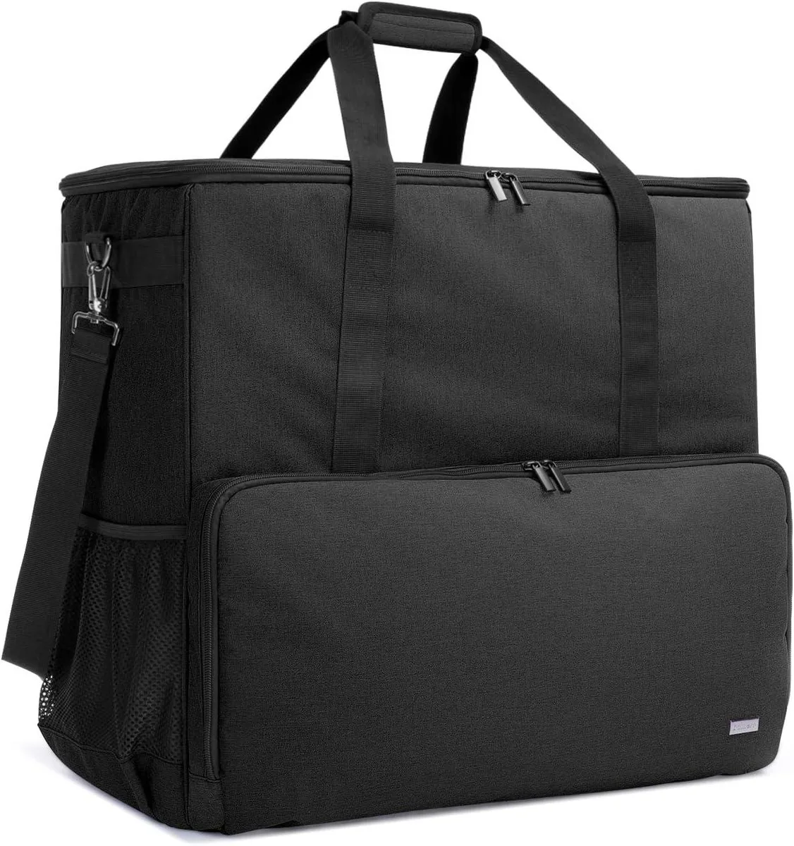 Black rectangular backpack with padded main compartment and multiple external pockets