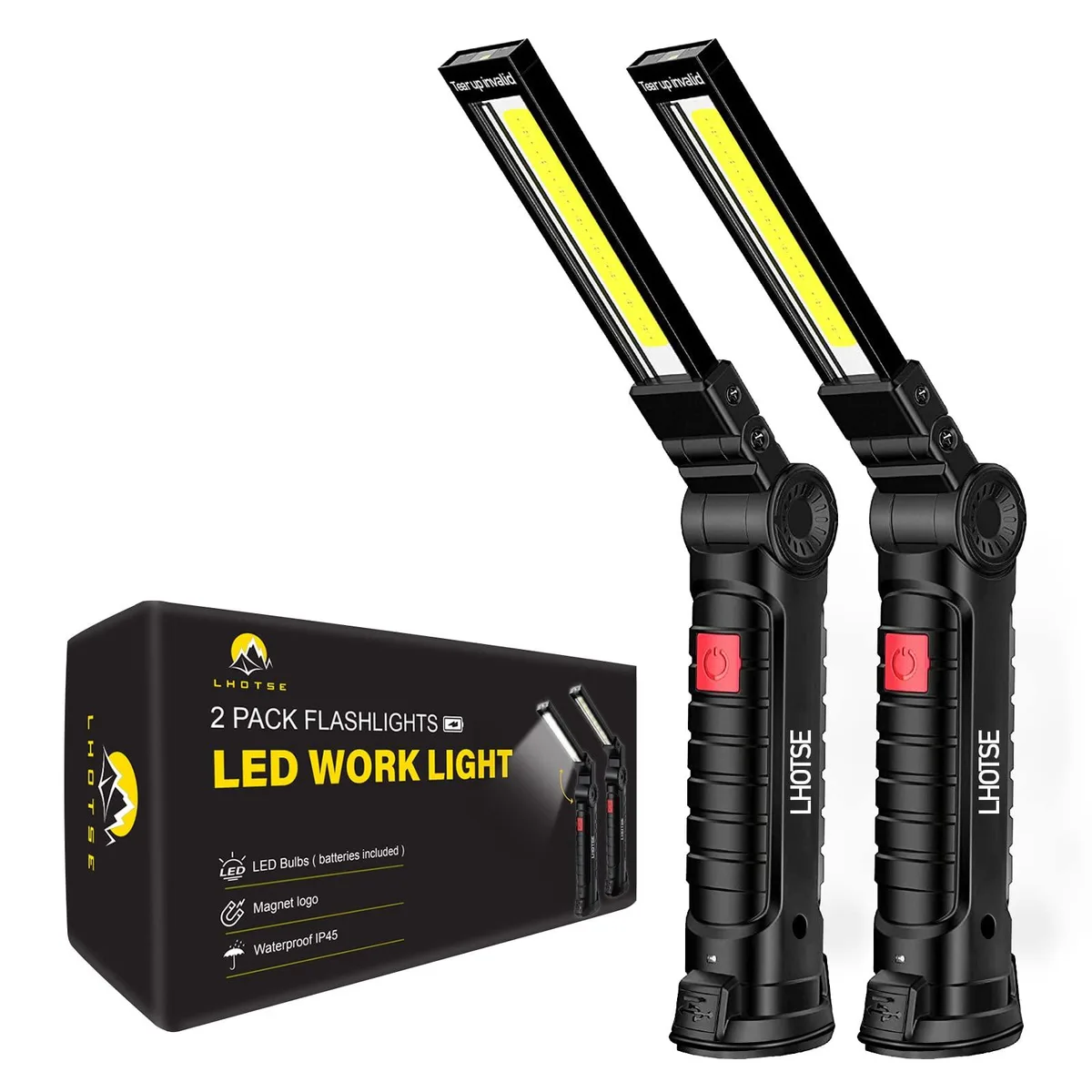 Two compact rectangular work lights with magnetic bases and foldable hooks, matte black finish