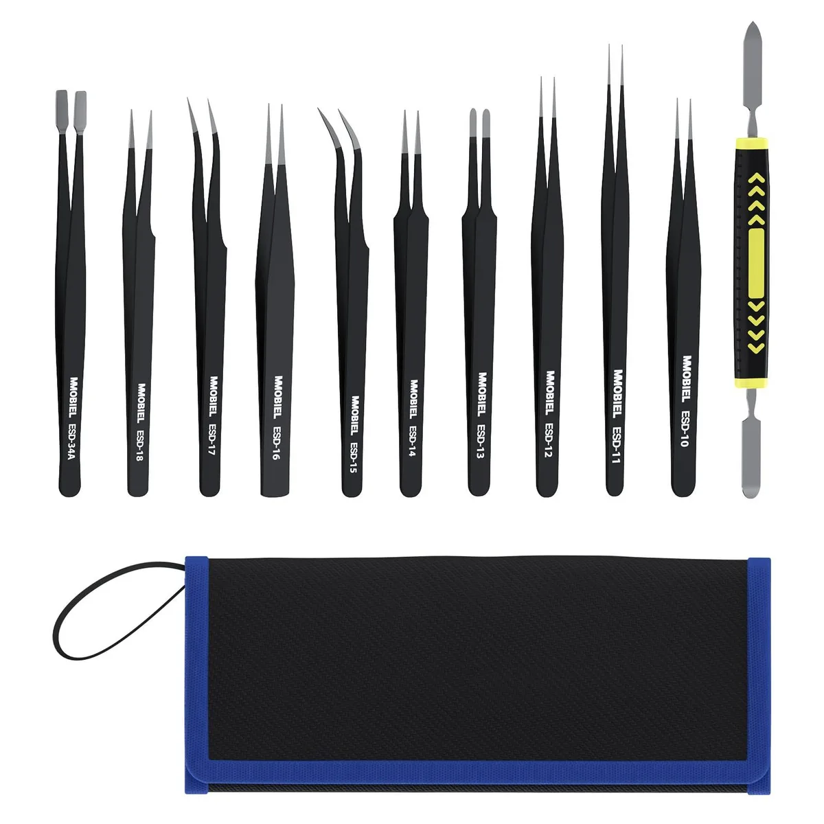 Ten stainless-steel ESD tweezers, a spatula, and a storage case