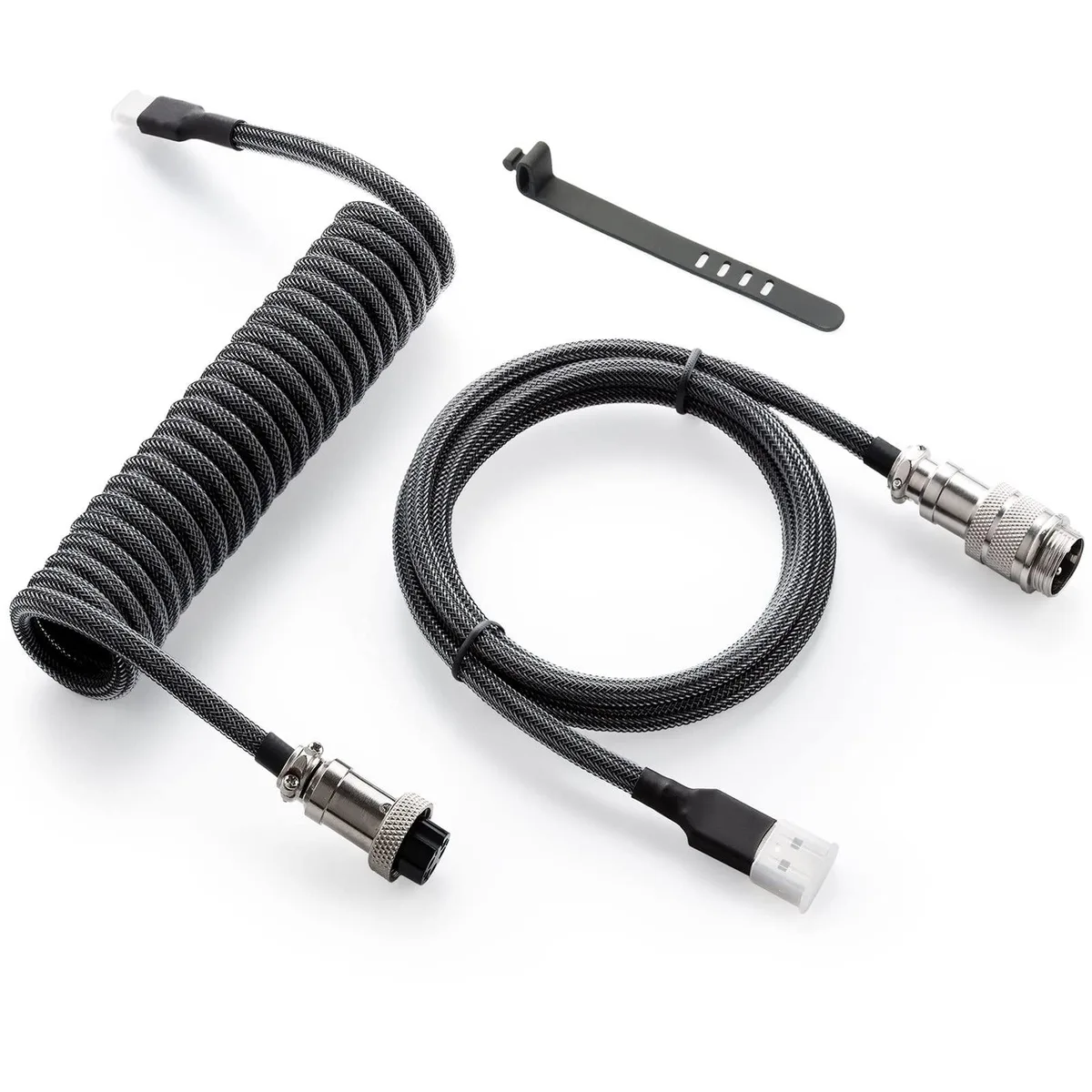 Coiled carbon-black USB-C to USB-A cable with metal aviator connector, 1.5 m total length