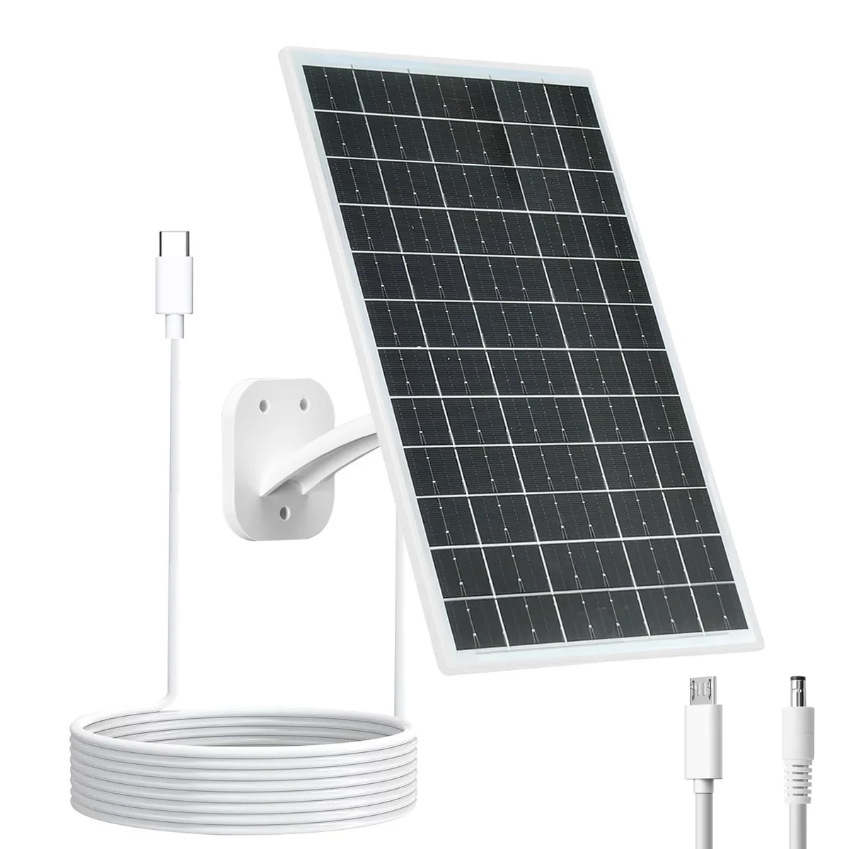 White rectangular solar panel with adjustable bracket and attached cable