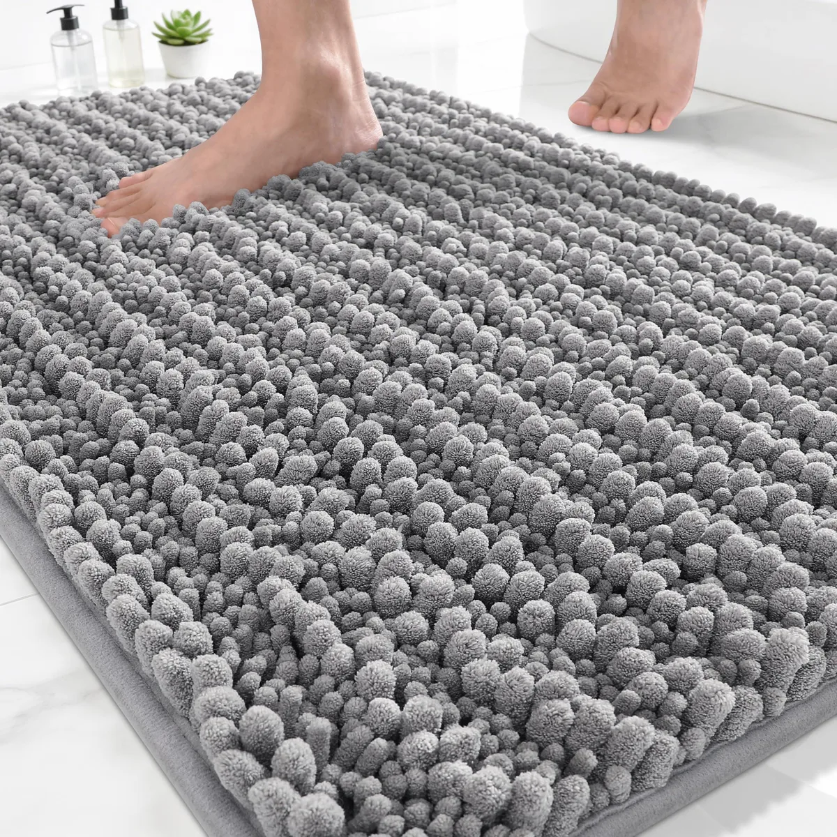 Grey chenille bath mat 24 by 17 inches plush shaggy texture