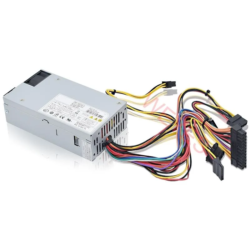 Rectangular metal server PSU, matte grey finish, single fan vent, IEC inlet, model label visible