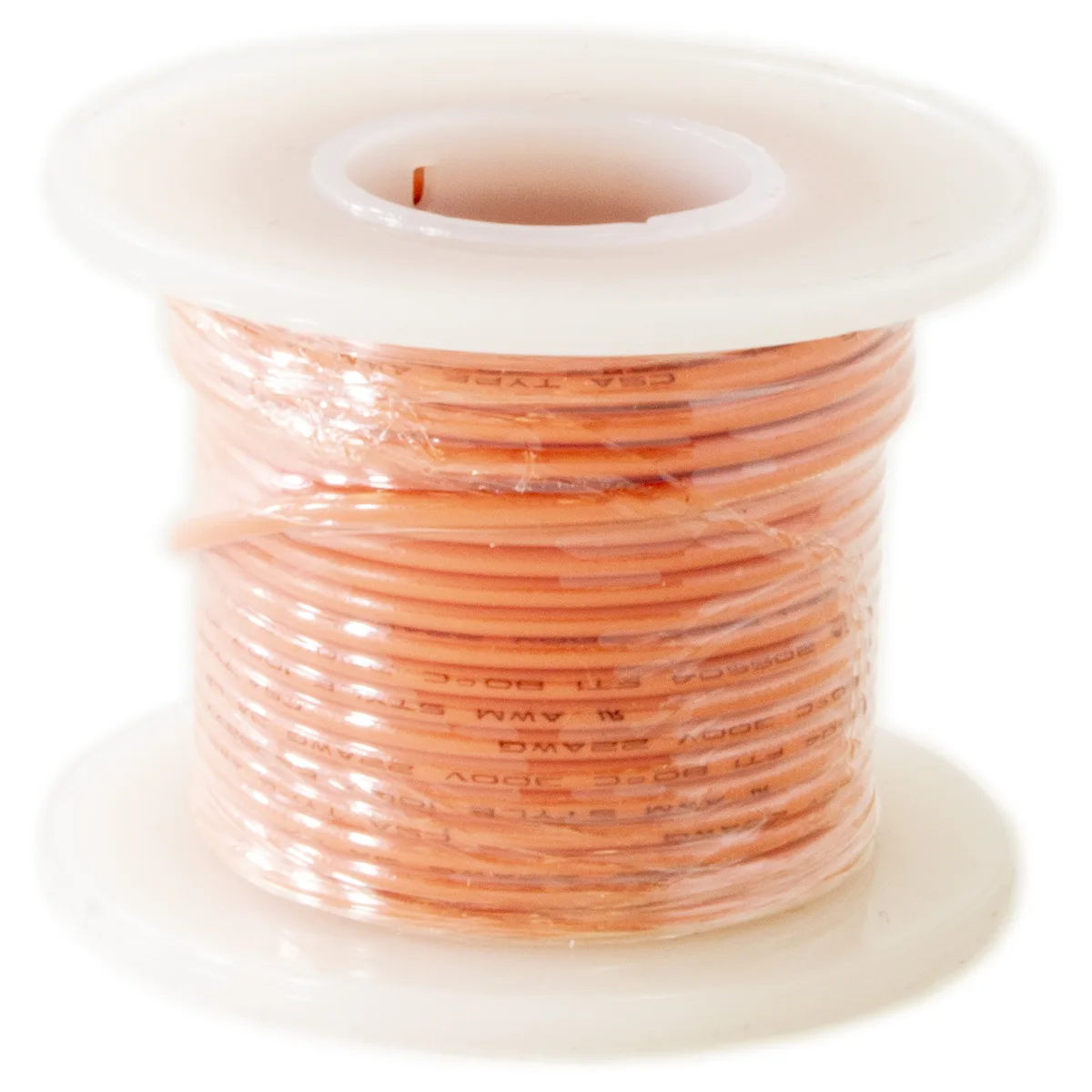 Coil of orange solid hook-up wire on spool
