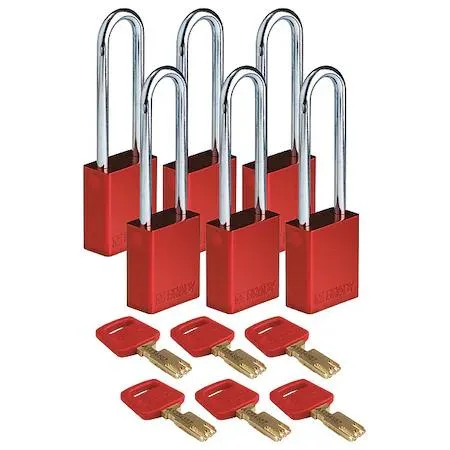 Brady Brady key control ALU-RED-76ST-KD6PK padlock aluminum red 3 in shackle keyed different — product photo
