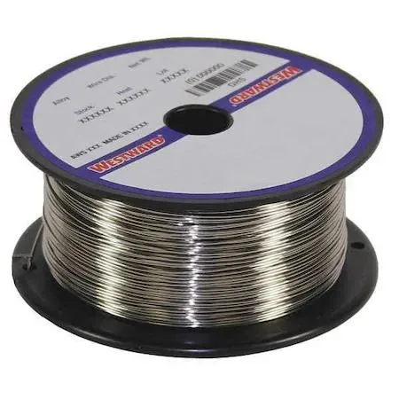 White plastic spool holding silver stainless steel MIG welding wire