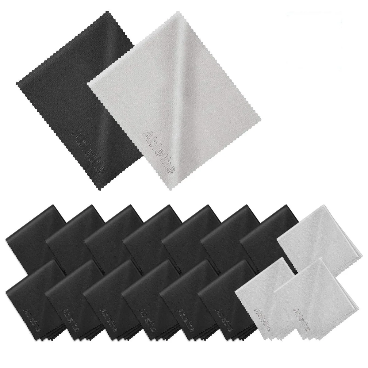 Stack of 18 folded microfiber cloths, 6 by 7 inches, 14 black and 4 grey, each in a clear bag