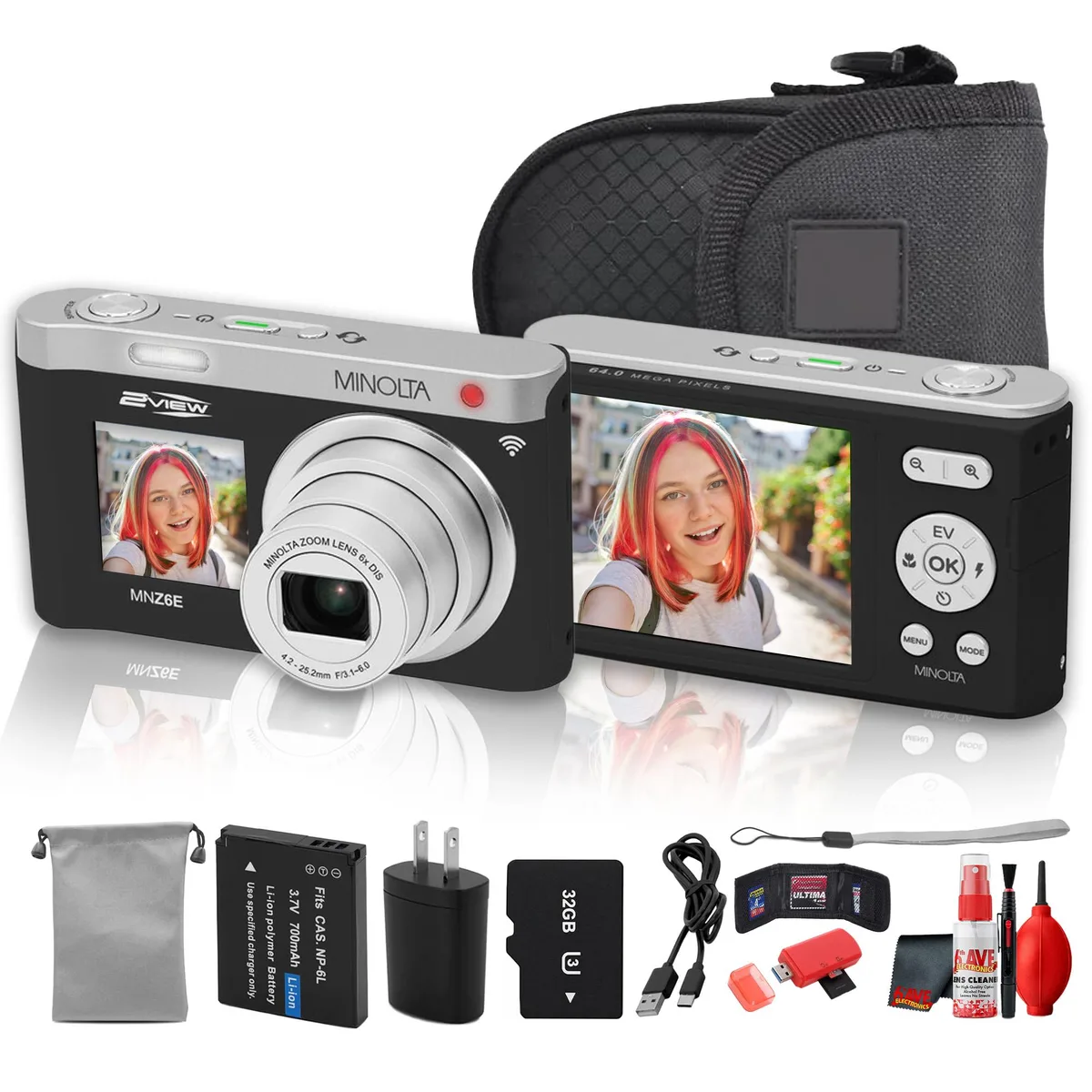 Minolta Minolta MNZ6E Dual Screen Digital Camera Kit (Black) 64MP 4K 6x Zoom 2.8in Rear 1.5in Front 32GB Card 11 Modes — product photo