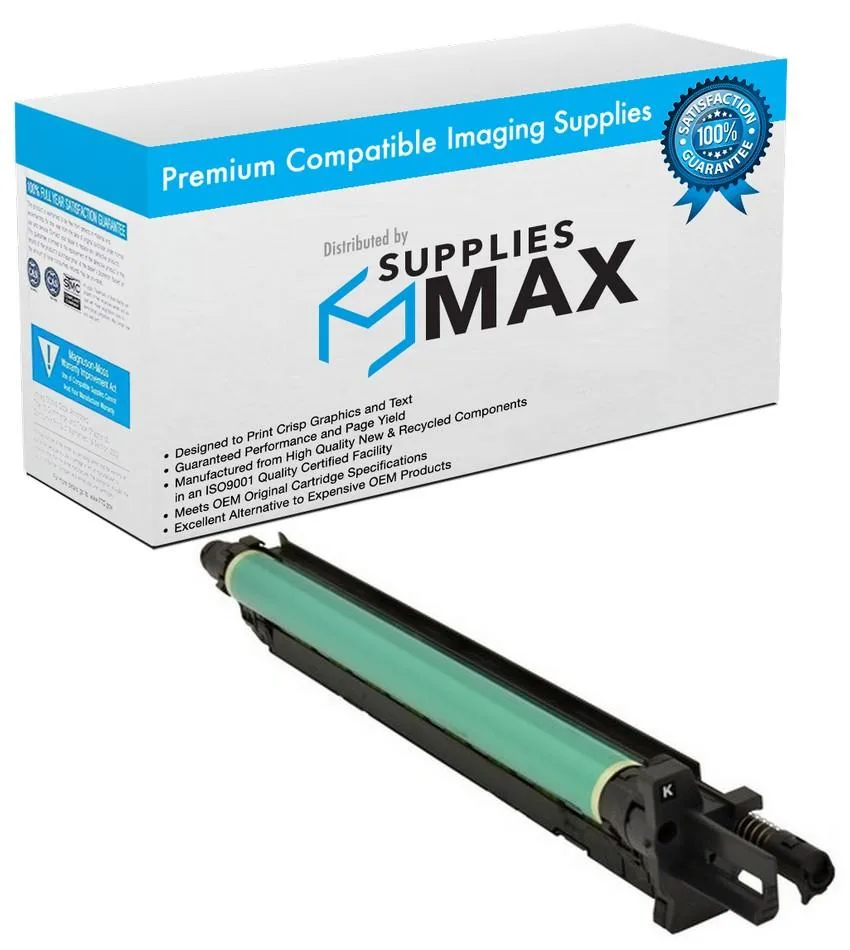 Black drum unit cartridge in rectangular box with green label