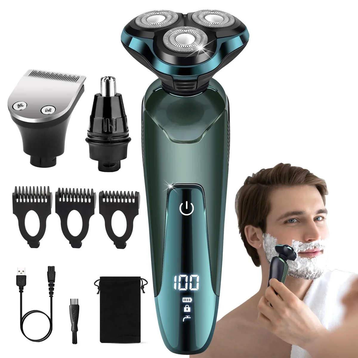 Green rotary shaver with three floating heads and LCD display