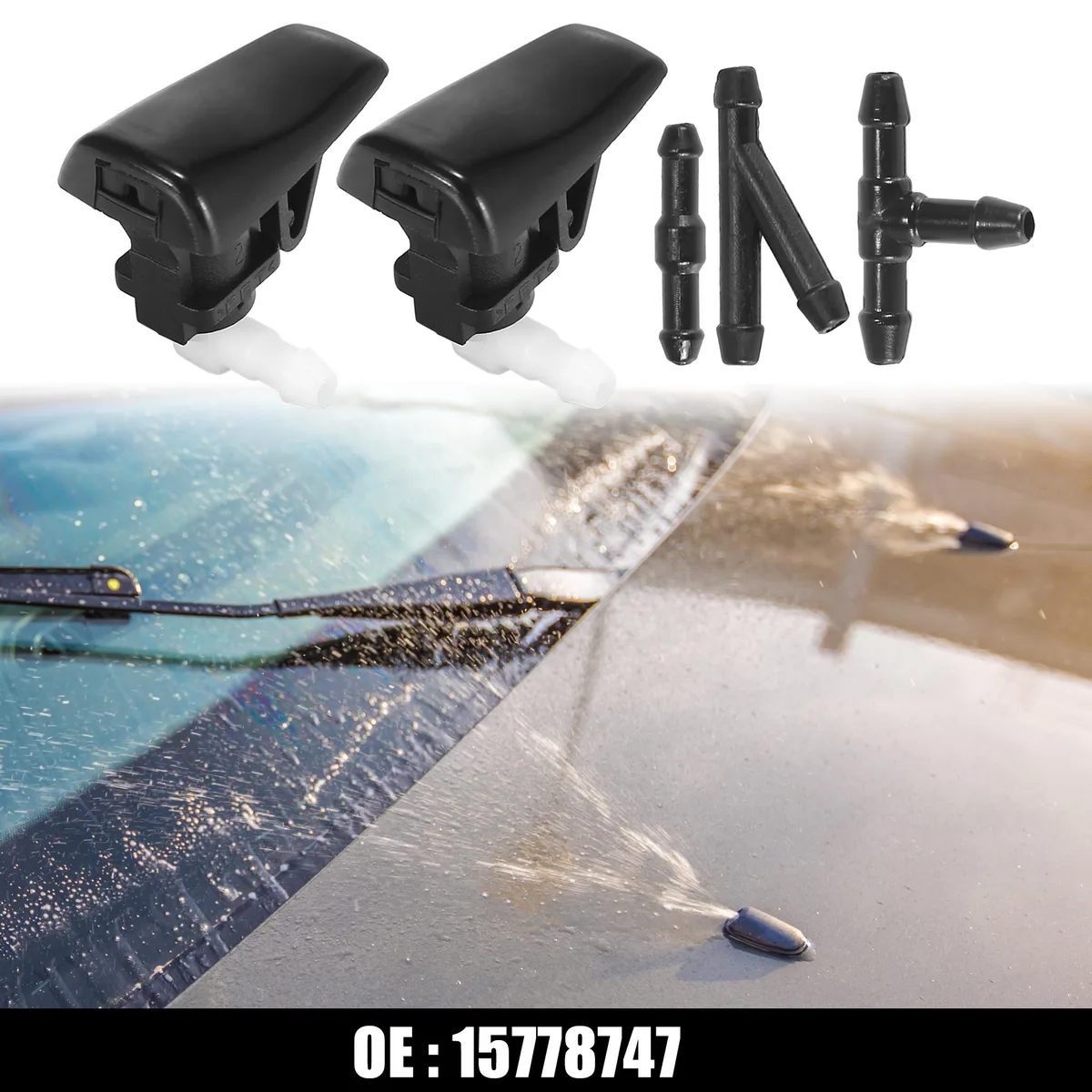 Five black plastic windshield washer nozzles with hose connectors