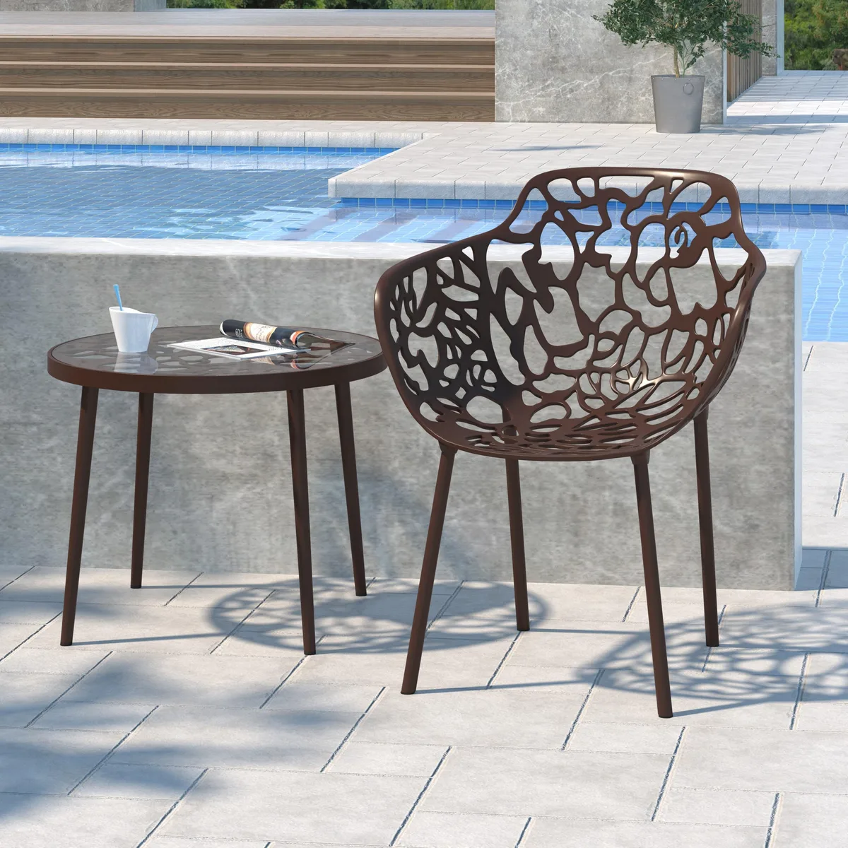 LeisureMod LeisureMod Devon Tree Design Glass Top Aluminum Base End Table Brown — product photo