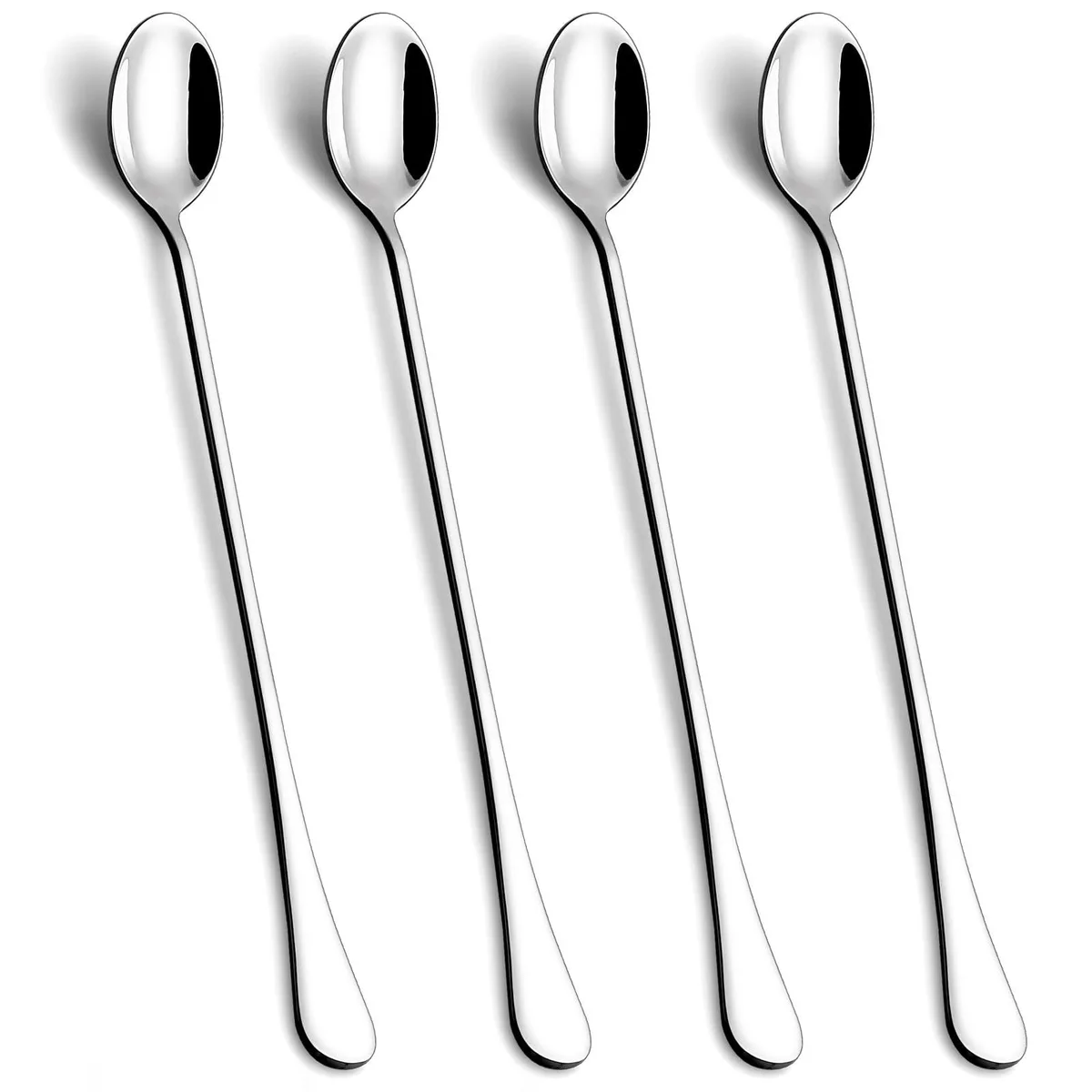 Four silver stainless-steel long-handle spoons with mirror-polish finish