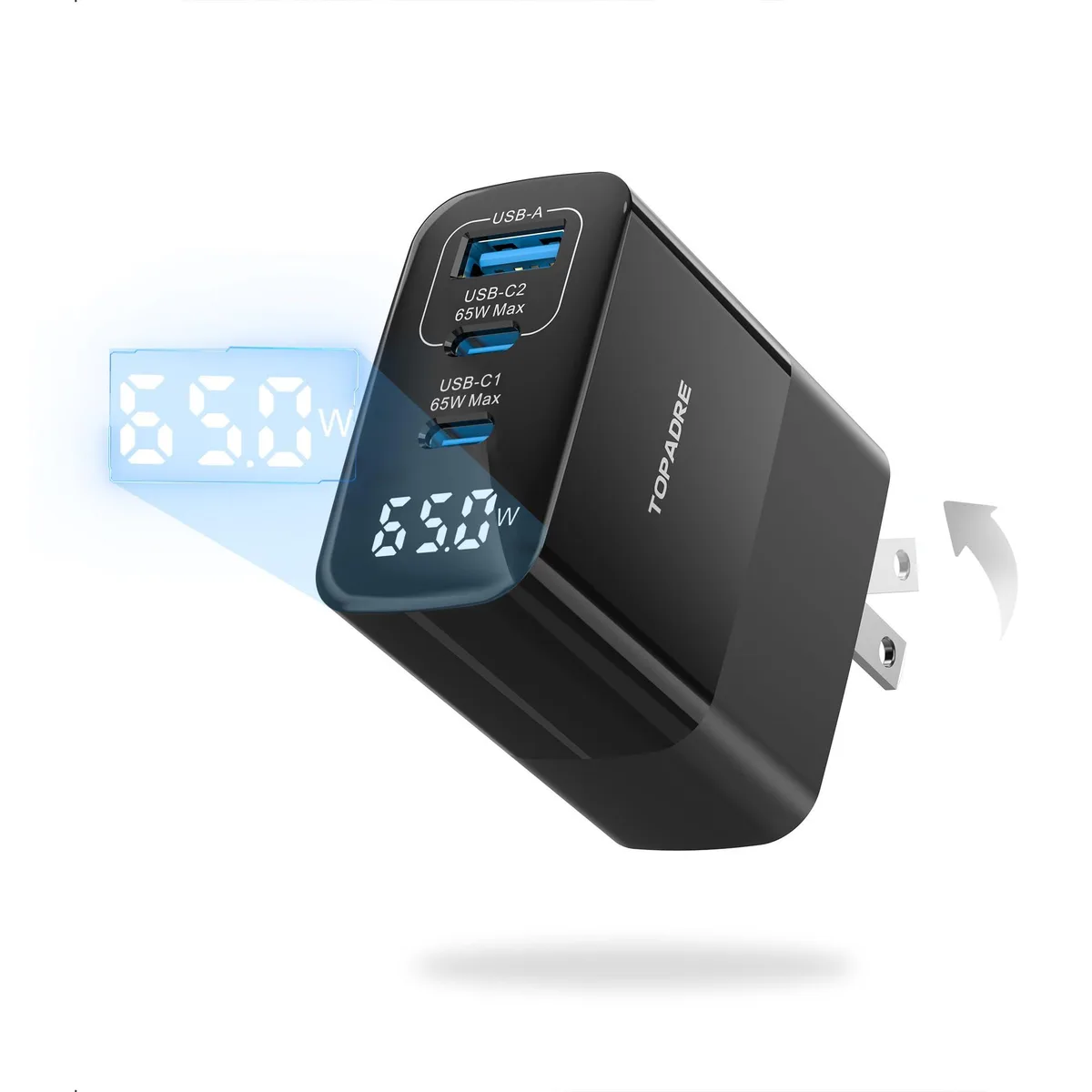  TOPADRE GaN-002 65W USB C Charger with LED Display, 3 Ports, Black — product photo