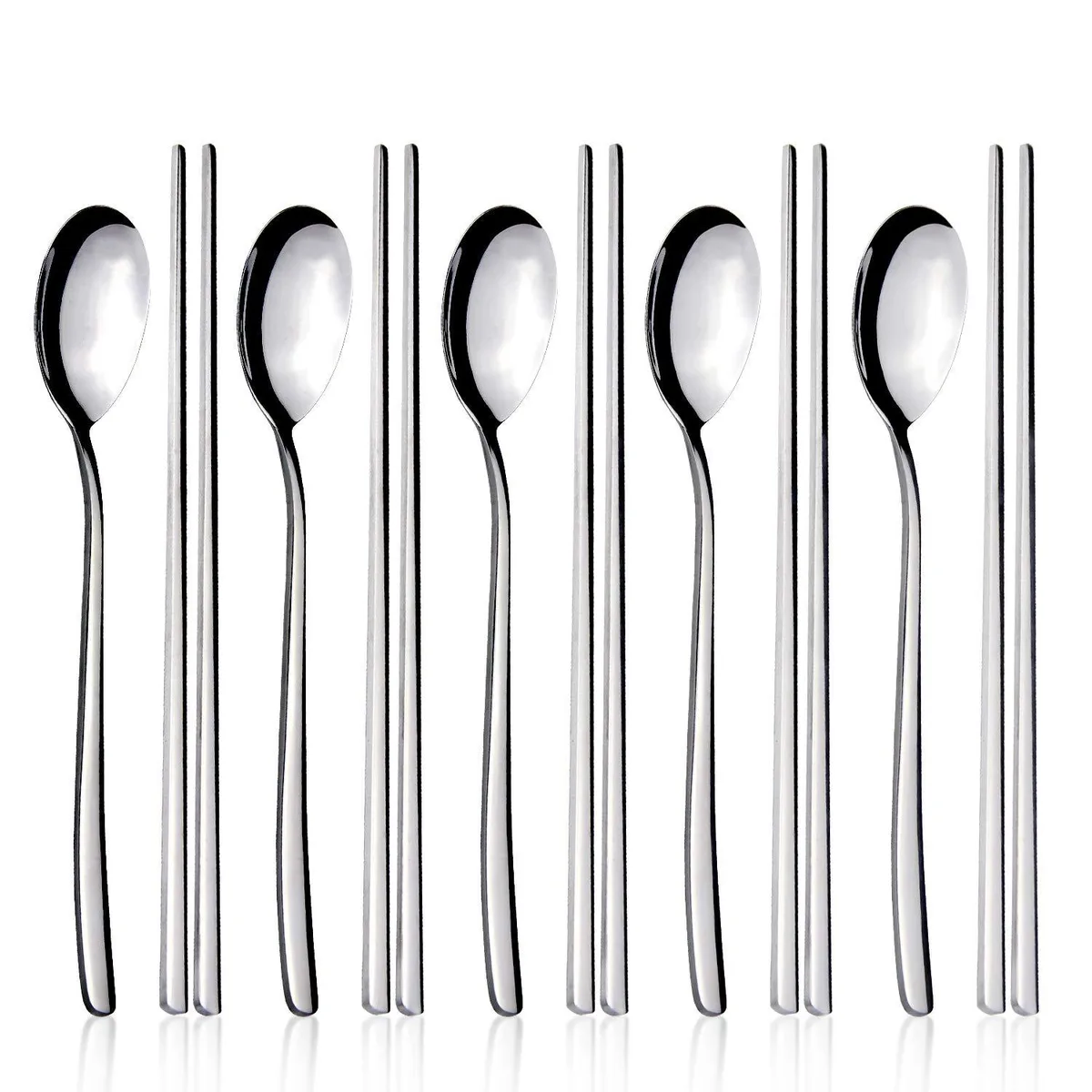 Black stainless steel spoon and chopstick set, seven pieces, flat profile, polished finish