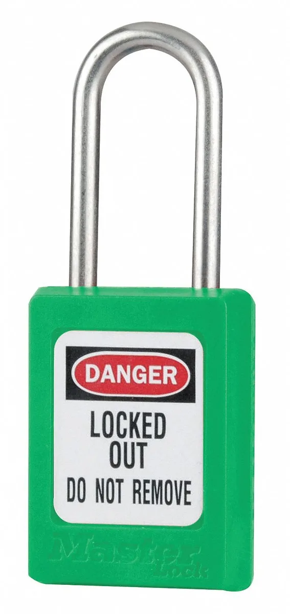 Green thermoplastic padlock with stainless steel shackle and danger label