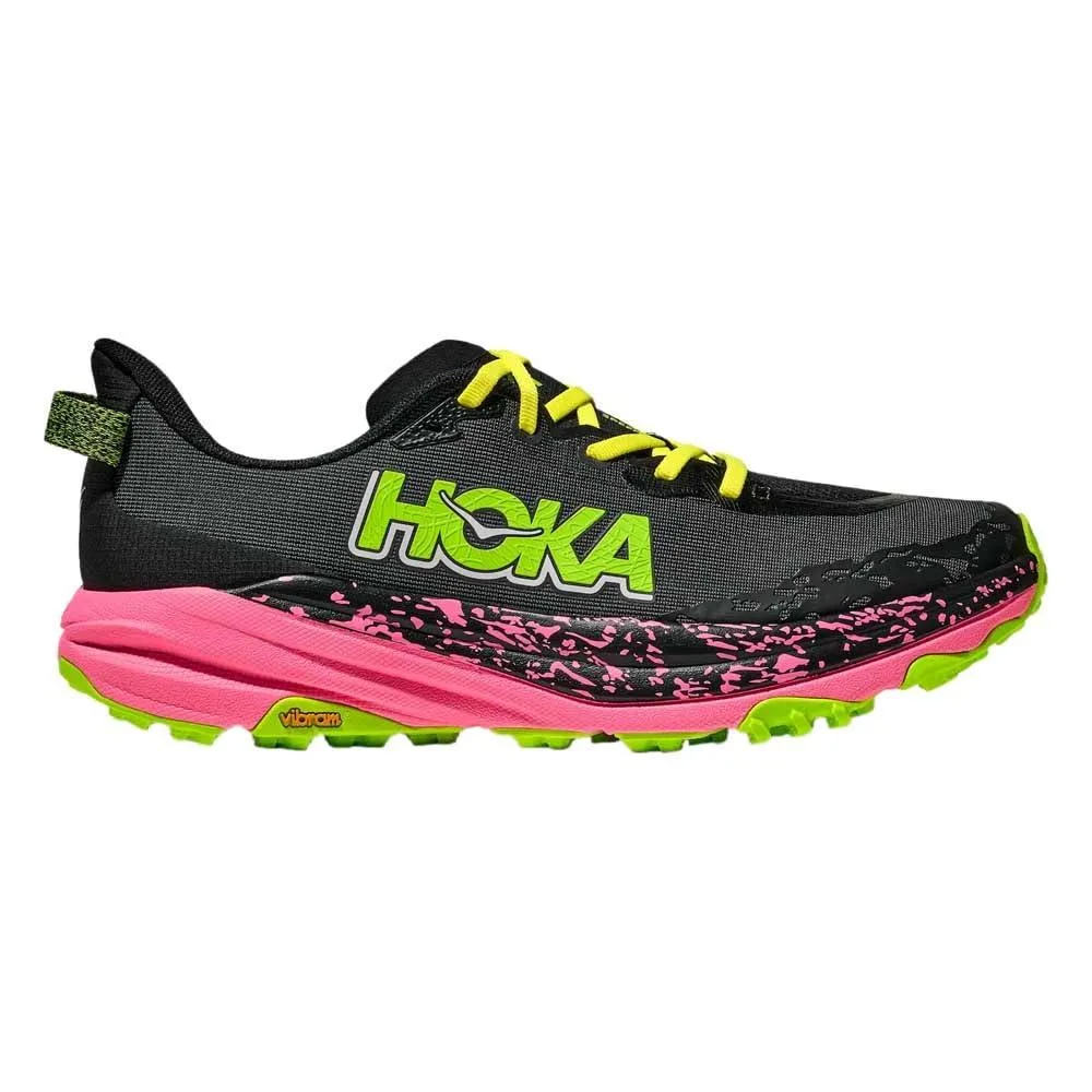 HOKA Speedgoat 6 trail shoe black neon rose mesh upper aggressive lugged outsole