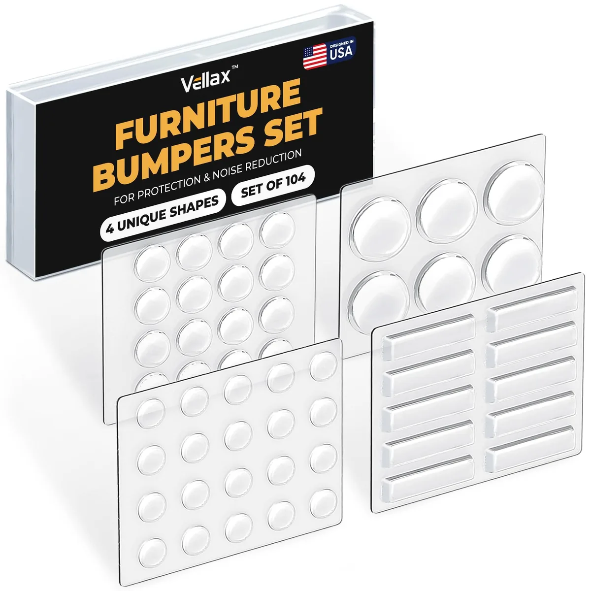 104 blue transparent silicone bumpers in four shapes on a sheet