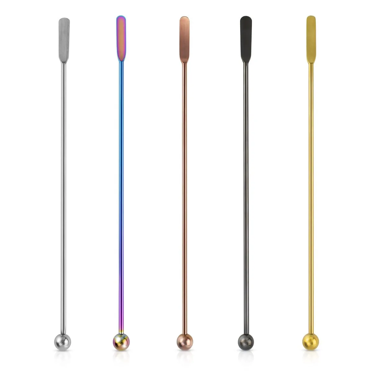 Five silver stainless steel stir spoons with small rectangular paddles, 7.73inch long
