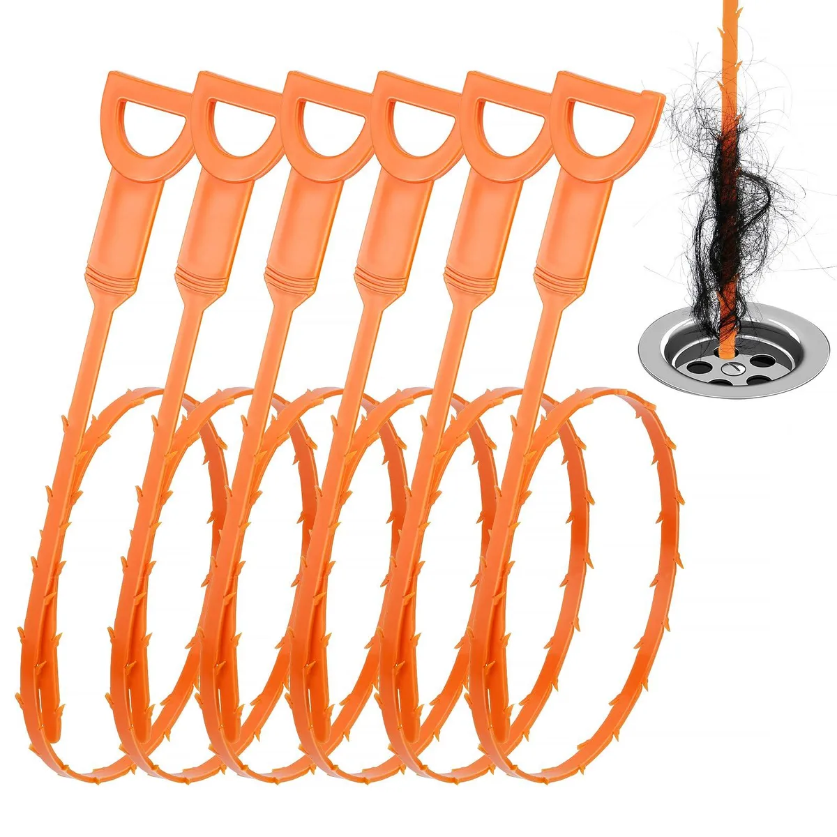 Six orange flexible plastic drain snakes, each 25 inches long and 0.46 inches wide with barbed edges