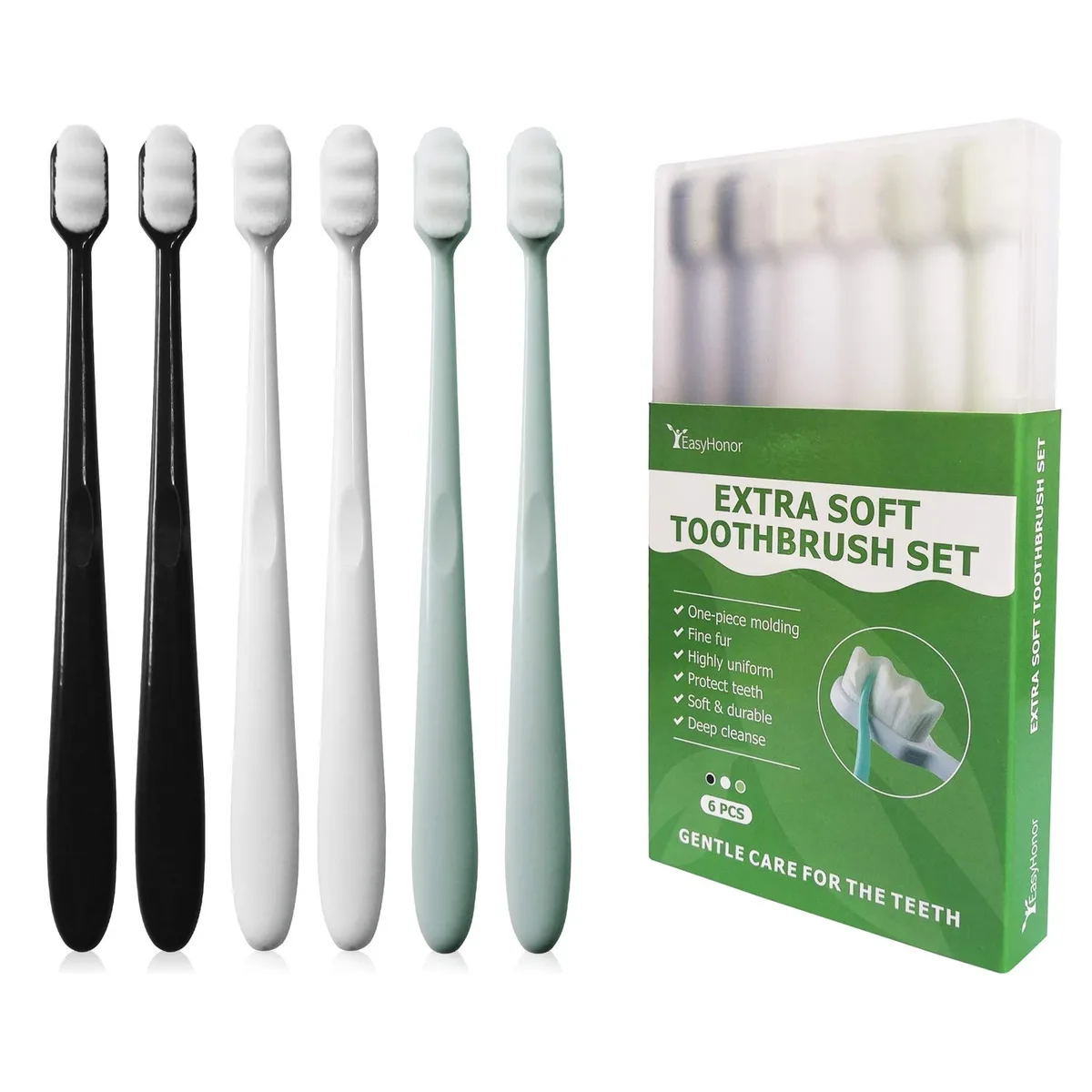 Six white manual toothbrushes with ultra-fine bristles in a translucent box