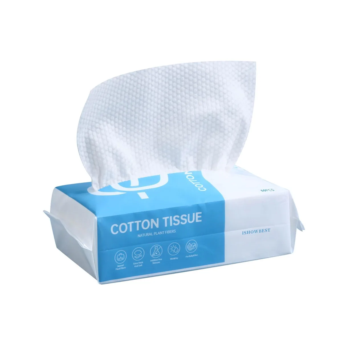 White rectangular pack of 60 biodegradable cotton face towels