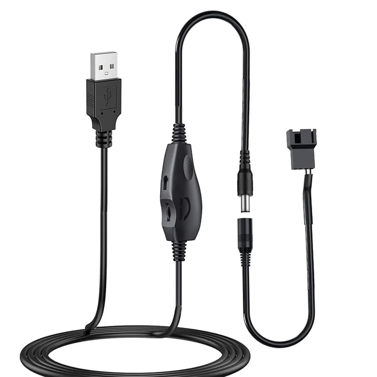 Black USB fan speed controller with sliding knob, on/off switch and 146cm cable ending in 4-pin splitter