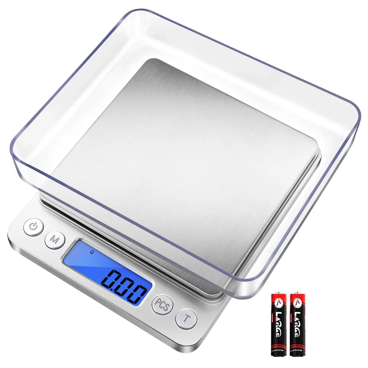 Compact silver digital scale with stainless steel platform and backlit LCD display