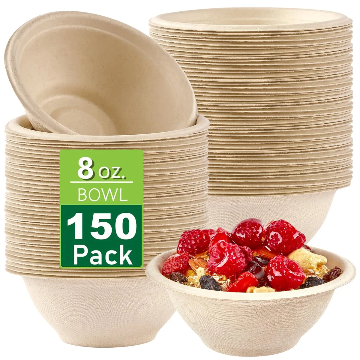 Stack of 150 round 8 oz sugarcane bowls in brown and red