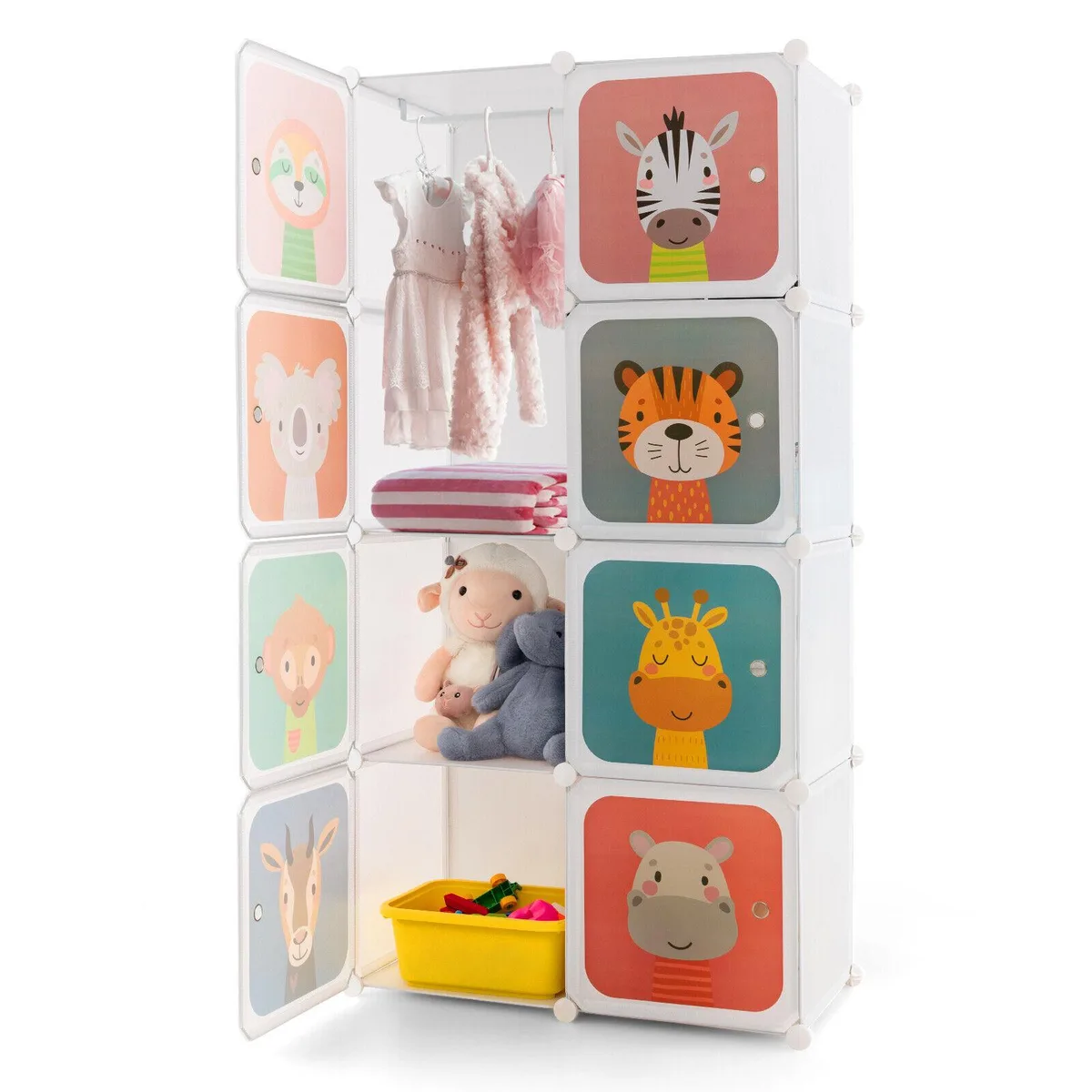 White modular cube wardrobe with multi-coloured doors