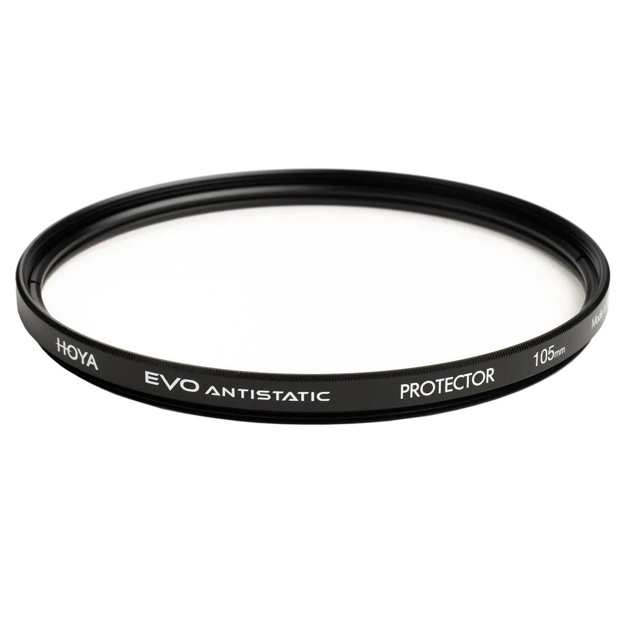 A clear 105mm round glass filter with a black aluminium rim