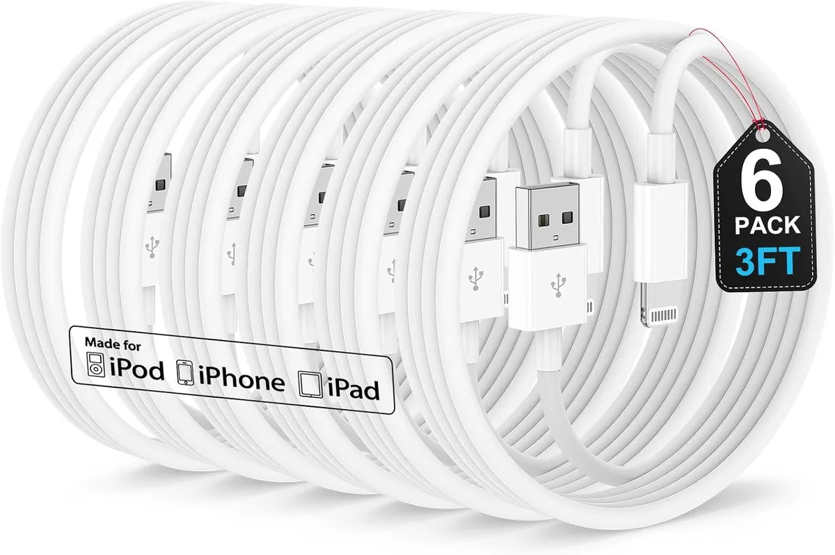 Six white 3ft Lightning cables coiled together
