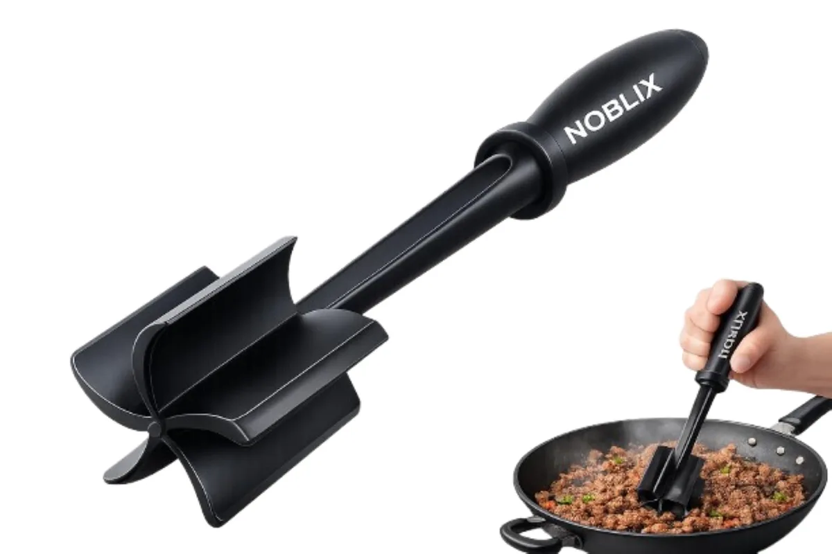 Black nylon meat chopper with five wide blades and ergonomic handle