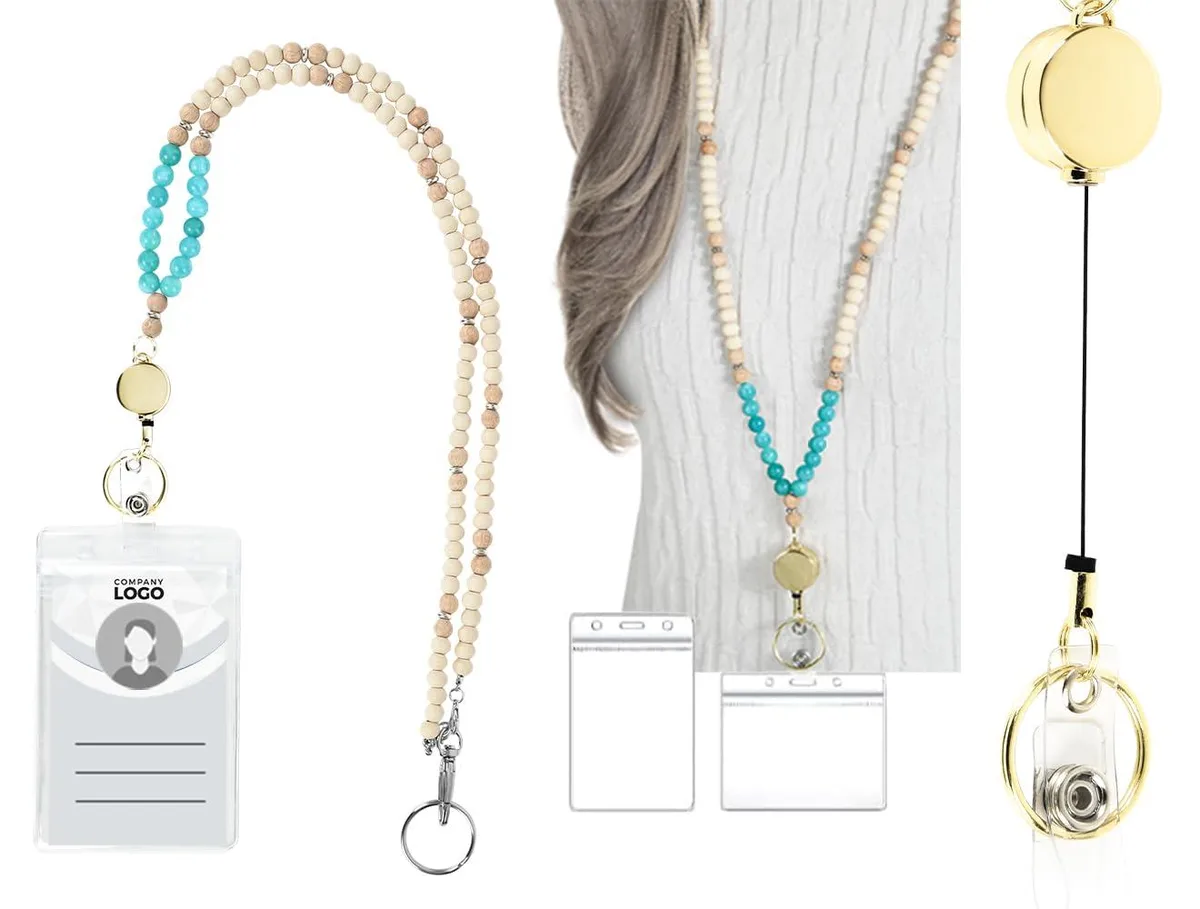  Retractable Lanyard Amazonite Wooden Beads 34in 25in Retractable — product photo