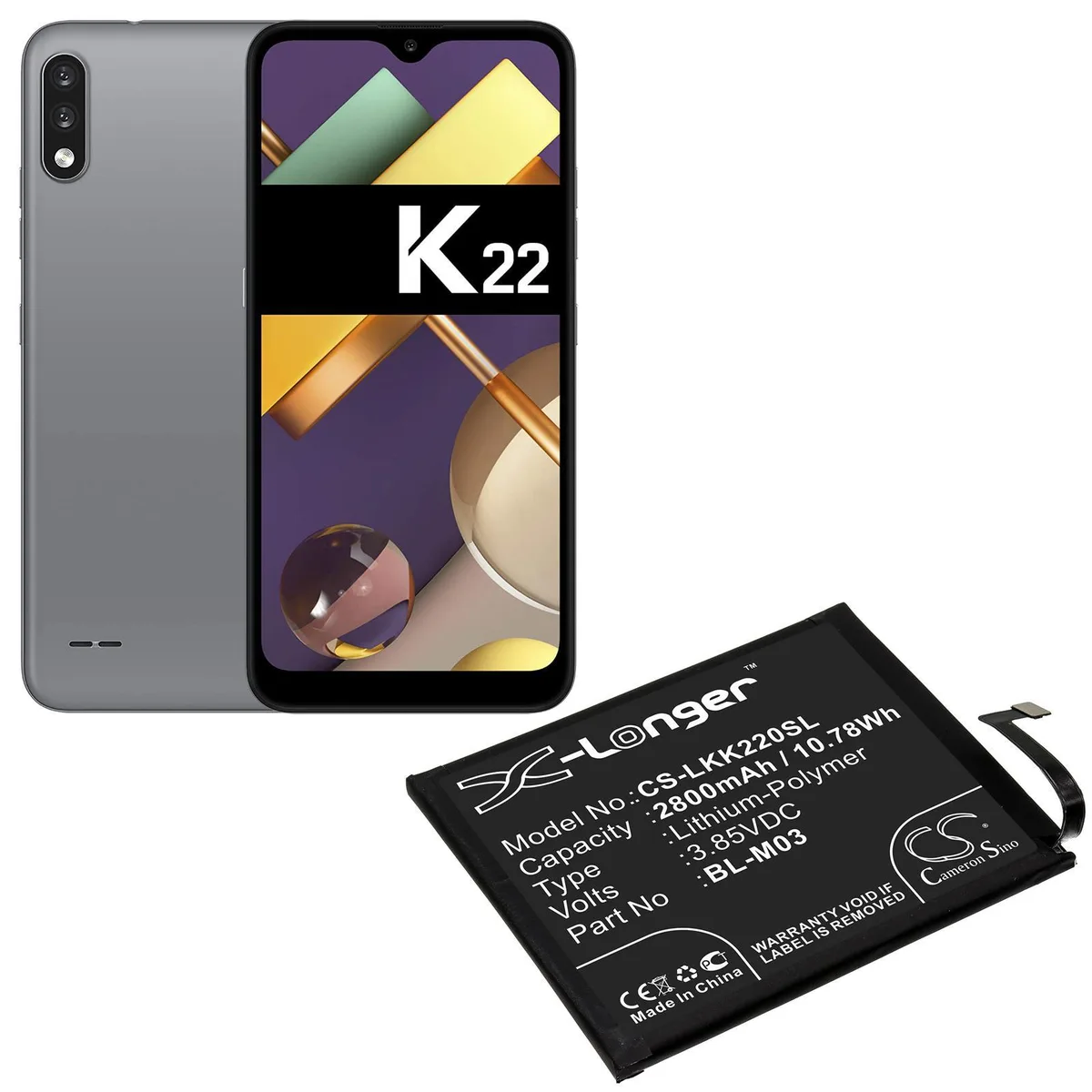 Rectangular replacement battery pack, matte black finish with label and connector terminals