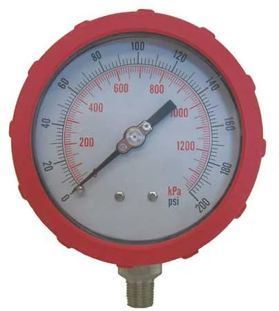 Red ABS plastic pressure gauge with bottom-mounted 1/4 inch MNPT connection and white dial showing 0 to 200 psi