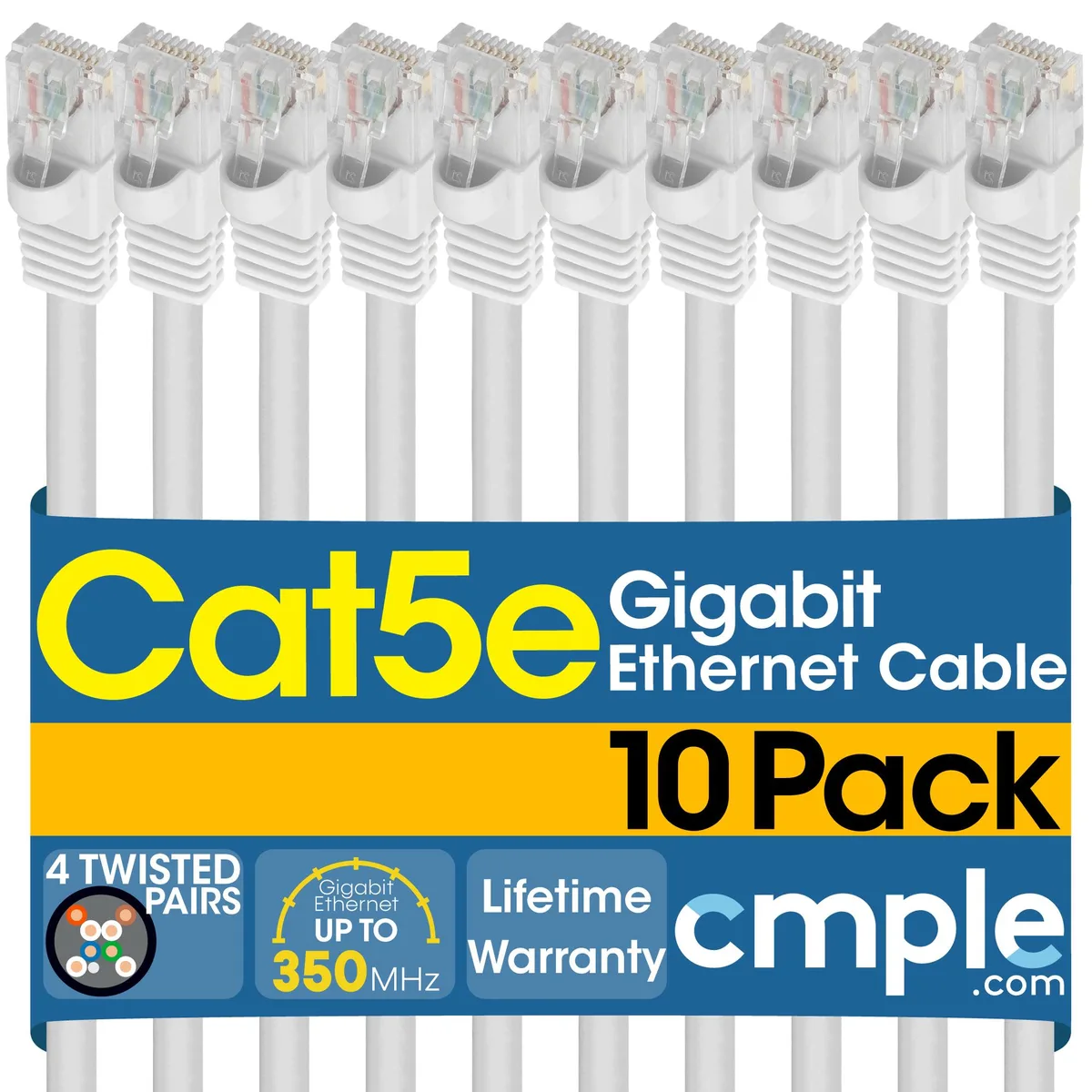 Ten white Cat5e patch cables with RJ45 connectors, 7 ft each