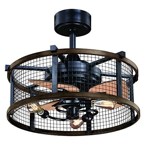 Bronze and teak drum cage ceiling fan with LED light kit and remote