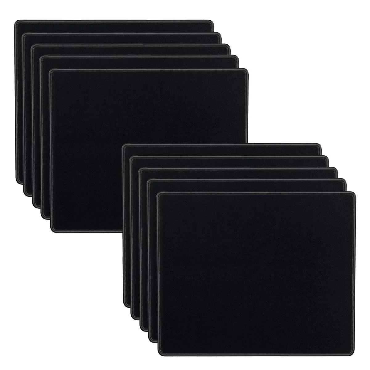 Ten black rectangular mousepads with stitched edges, each 8.66 by 7.1 inches, 2mm thick, smooth cloth top, rubber base