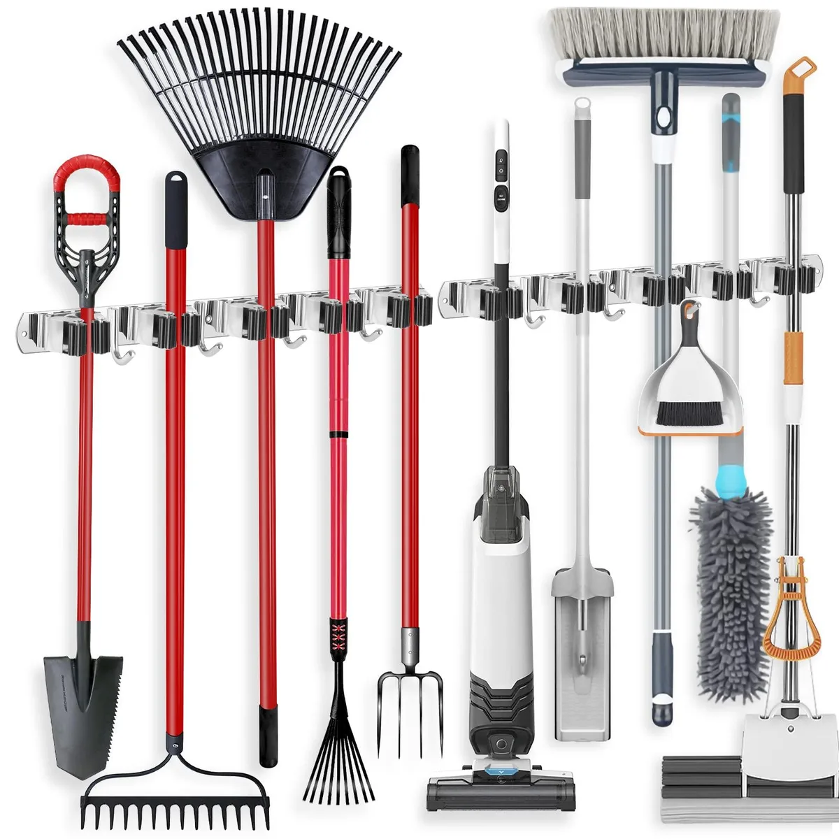 Stainless steel wall mount broom holder, 17 inch bar, five slots, four hooks, self-adhesive strips included