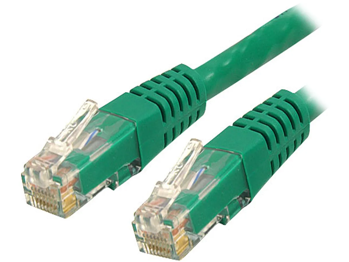 Green Cat6 Ethernet cable with molded RJ45 connectors, three feet long