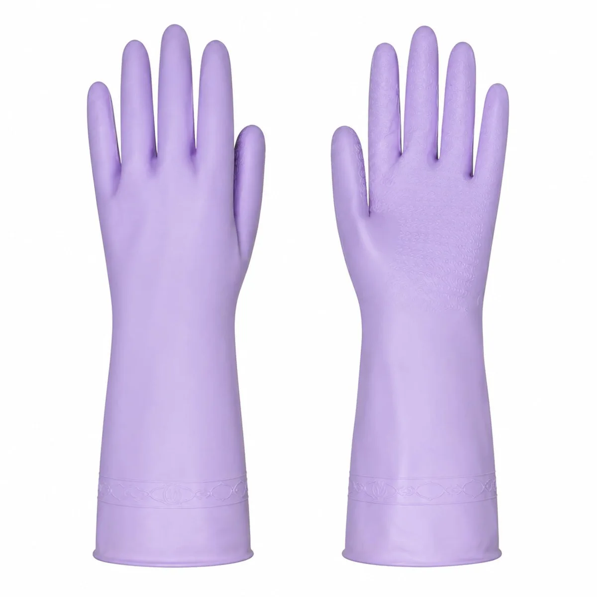 Medium purple rubber cleaning gloves with non-slip grip